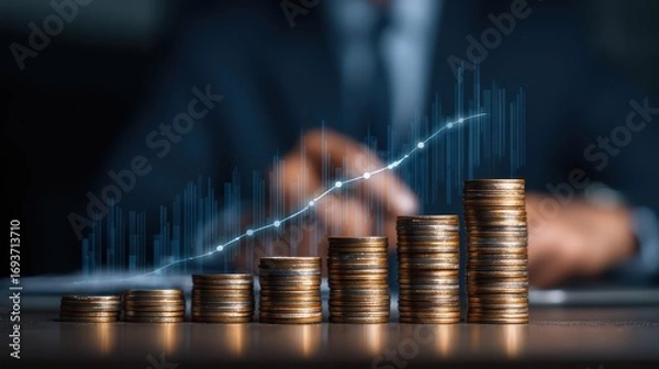 Obraz Professional Businessman Sitting at a WealthThemed Table with Piles of Coins, Ideal for Financial Marketing or Presentations, Radiating Confidence and Success.