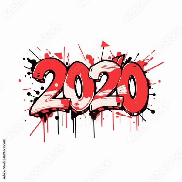 Fototapeta Graffiti style 2020 year number with red and black paint splatters and drips on white background new year
