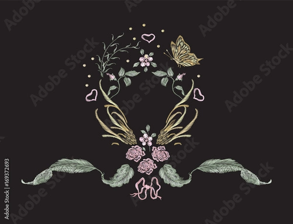 Fototapeta Embroidery floral pattern with butterfly, hearts and flowers. Vector embroidered element for weddiing design.