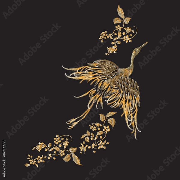 Fototapeta Embroidery floral pattern with gold crane. Vector embroidered elements for clothing design.