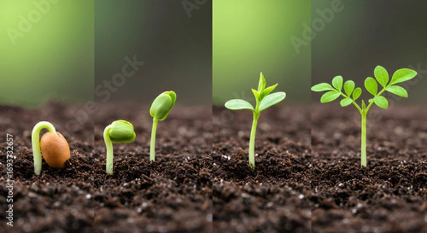 Fototapeta The growth stages of a plant sprouting from a seed, showing fresh green leaves emerging from the soil, a symbol of new beginnings and life  