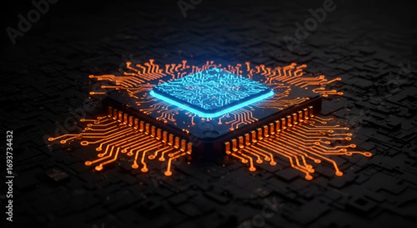 Fototapeta Futuristic glowing circuit board showcasing advanced technology and digital innovation, perfect for tech startups and modern design  