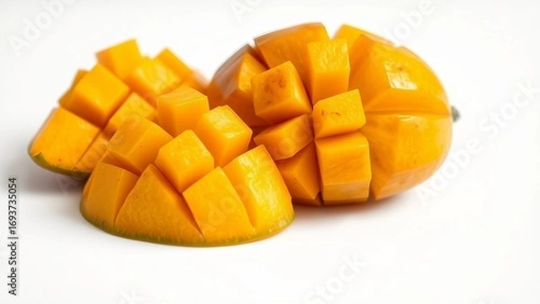 Fototapeta Deliciously ripe tropical mango fruit, expertly cubed and isolated on a clean white background for a concept of healthy eating