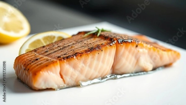 Fototapeta Perfectly grilled salmon fillet seasoned with fresh rosemary and bright lemon, a healthy and delicious option for a wholesome meal