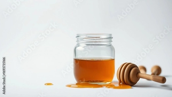 Fototapeta Golden Nectar A Close-Up of Honey in a Jar with Wooden Dipper