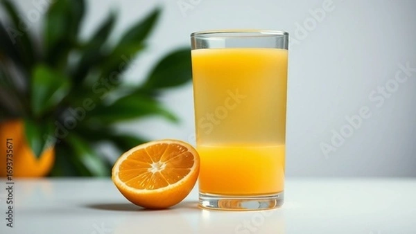 Fototapeta A refreshing glass of freshly squeezed orange juice next to a sliced orange on a clean white table, perfect for a healthy breakfast