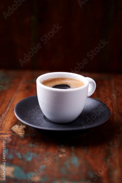 Fototapeta Cup of coffee on rustic wooden background. Soft focus. Copy space	