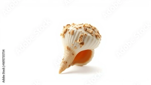 Fototapeta Striking close-up of a decorative marine seashell, highlighting its detailed spiral structure and organic embellishments against a clean, bright studio setting