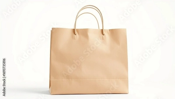 Fototapeta Recyclable brown paper shopping bag with handles isolated on a white studio background. A concept for eco-friendly retail and sustainable consumerism
