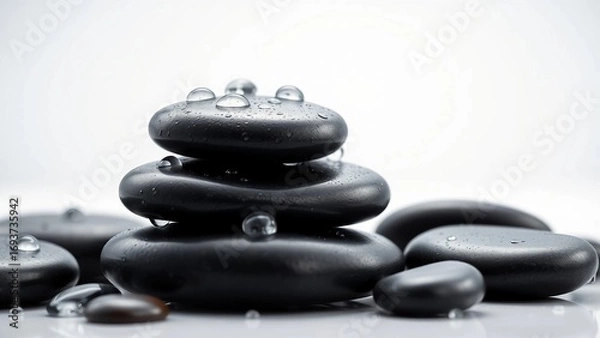 Fototapeta Zen Stones A Serene Stack of Balancing Rocks with Water Droplets in a Tranquil Setting
