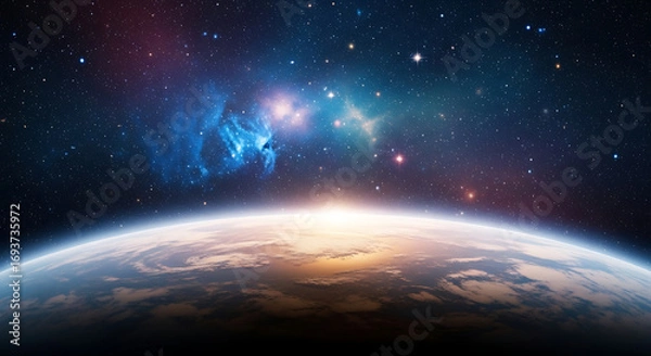 Fototapeta A breathtaking cosmic sunrise over a distant planet, with a vibrant blue nebula and starfield illuminating the vast universe