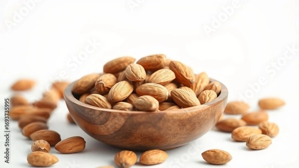 Fototapeta Organic shelled almonds in a rustic wooden bowl, a wholesome and nutritious superfood for a healthy diet, isolated on white