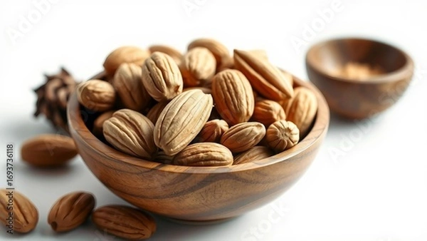 Fototapeta A close-up of a wooden bowl filled with whole, raw almonds in their shells, a healthy and natural snack on a clean white background