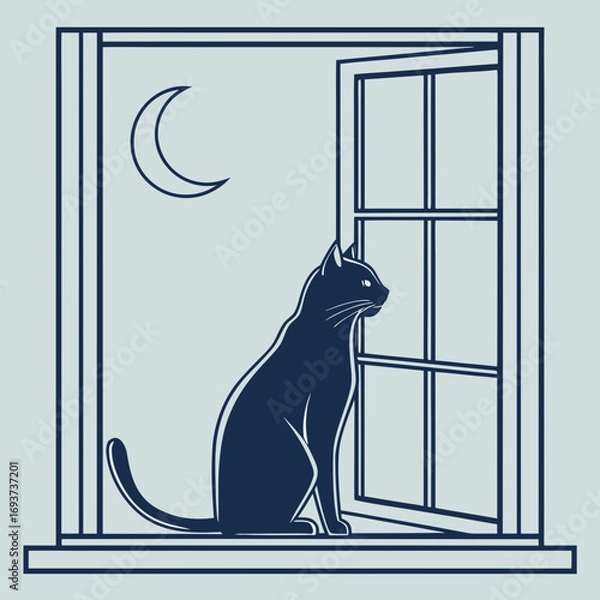 Fototapeta Minimal silhouette black cat sitting in open window under crescent moon vector illustration