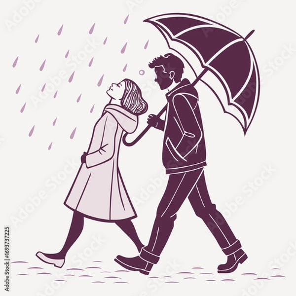 Obraz Romantic couple walking under umbrella vector illustration for romantic designs