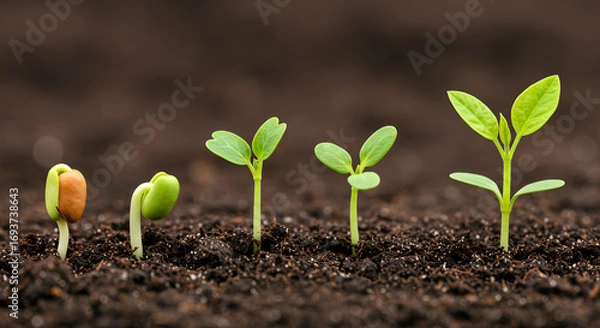 Fototapeta Stages of plant growth, from seed to sprout, showing new life and the potential for growth, perfect for environmental and sustainable concepts  