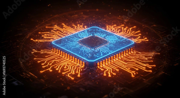 Fototapeta Futuristic glowing CPU processor core with circuits and data streams, symbolizing innovation, technology, and digital transformation  