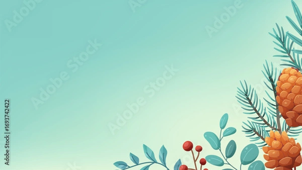 Fototapeta Delicate background for winter design. Botanical wallpaper with fir branches and pine cones, winter greenery. Vector template
