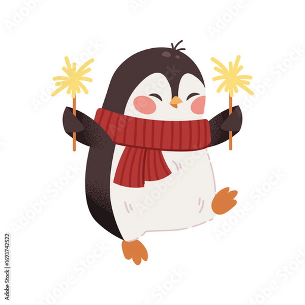 Fototapeta Happy penguin with sparklers. Festive penguin on white background. Vector children's character, Christmas animal.