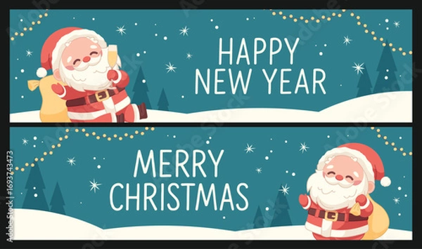 Fototapeta Merry Christmas and Happy New Year greeting banners. Cute Santa Claus sends holiday wishes. Vector greeting template