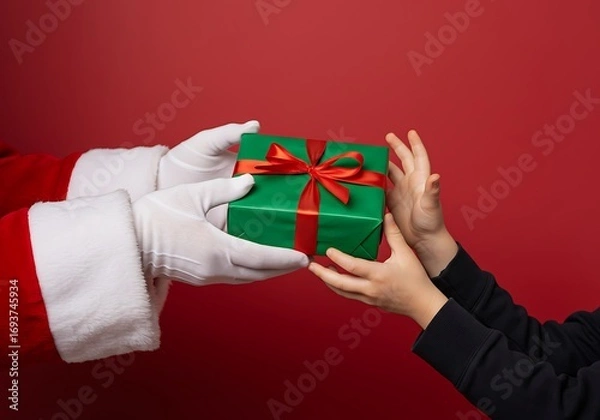 Obraz A holiday moment showing Santa's hand presenting a festive gift to a child's hand