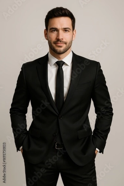 Fototapeta Handsome Business Man Portrait: A confident man in a tailored suit exudes professionalism and charm, captured in a studio portrait with a clean, neutral backdrop.