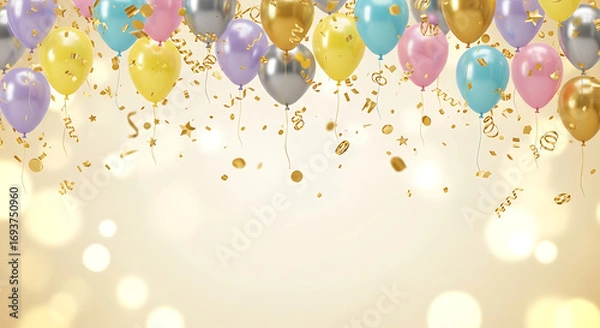 Fototapeta A festive celebration background with a vibrant array of colorful balloons and shimmering golden confetti against a soft bokeh glow