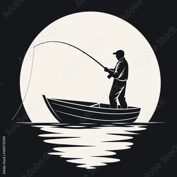 Fototapeta Silhouette of fisherman casting rod from boat with moon and water reflection vector illustration