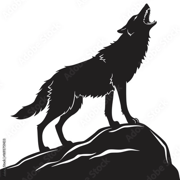 Fototapeta Majestic howling wolf silhouette on rock vector illustration scalable graphic icon