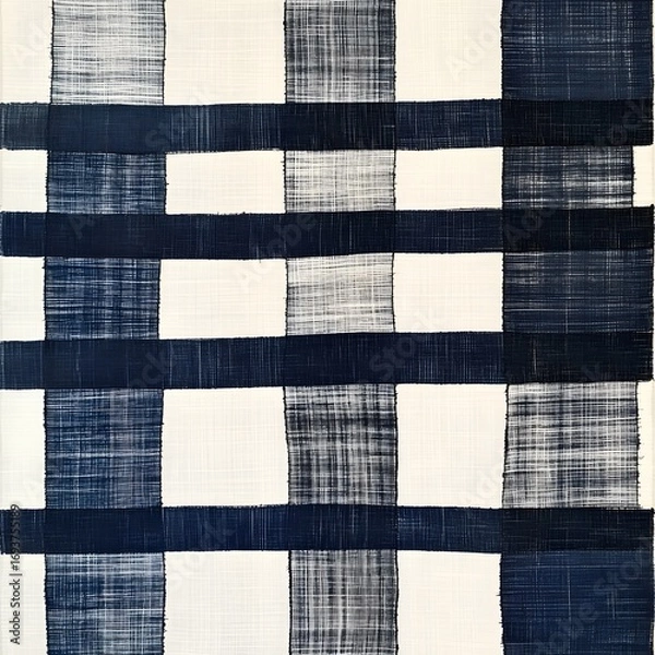 Fototapeta An abstract textile pattern of navy and white squares and lines creates a woven or basketweave design.