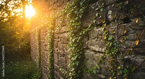 Obraz Stone wall covered in vines sunlight