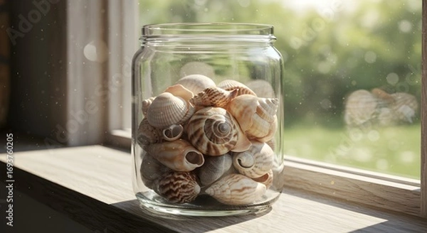 Obraz Seashells in glass jar windowsill