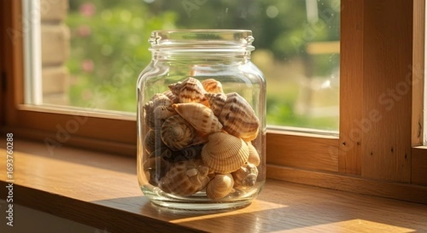 Obraz Seashells in glass jar windowsill