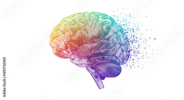 Fototapeta Vibrant, colorful illustration of a human brain with artistic disintegration, symbolizing thought, creativity, and innovation for science and medical projects  Alzheimer’s awareness
