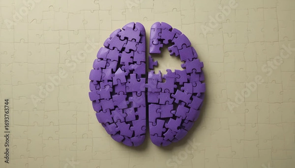 Fototapeta Brain puzzle concept: a vibrant purple brain shape with missing pieces on a beige puzzle background, symbolizing problem-solving and cognitive function.  Alzheimer’s awareness