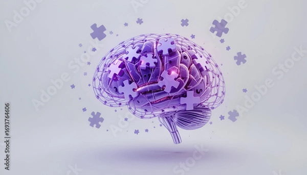 Fototapeta Conceptual 3D brain with puzzle pieces representing the power of intelligence, creativity, and problem-solving in a modern, minimalist style  Alzheimer’s awareness