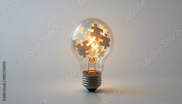 Fototapeta Illuminating the Big Idea: A glowing lightbulb filled with puzzle pieces, symbolizing innovation and creative problem solving  Alzheimer’s awareness