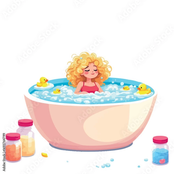 Fototapeta Vsai girl relaxing in bubble bath with rubber ducks and bath salts