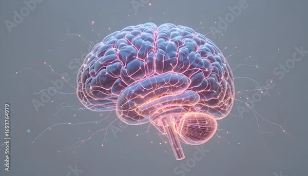Fototapeta Vibrant 3D illustration of a glowing human brain, showcasing neural networks and cognitive processes with modern design  Alzheimer’s awareness