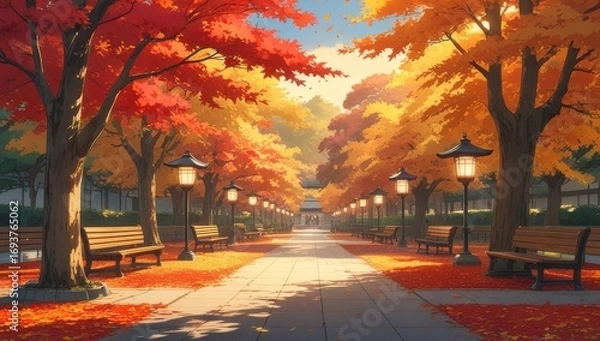 Fototapeta Illustration background of a Japanese forest garden in spring