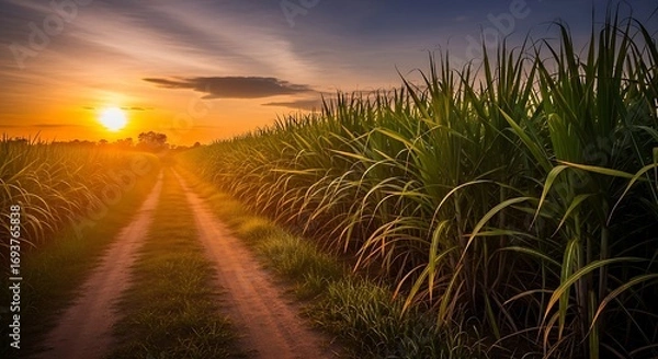 Fototapeta "Scenic Sugarcane Field Sunset with Golden Dirt Road and Lush Green Crops"sunset on the beach, Vibrant sugarcane field at sunset, with rich green stalks lining dirt road leading towards setting sun. 
