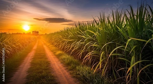 Fototapeta "Scenic Sugarcane Field Sunset with Golden Dirt Road and Lush Green Crops"sunset on the beach, Vibrant sugarcane field at sunset, with rich green stalks lining dirt road leading towards setting sun. 
