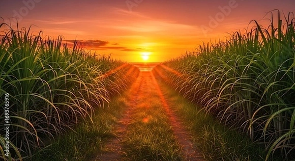Fototapeta "Scenic Sugarcane Field Sunset with Golden Dirt Road and Lush Green Crops"sunset on the beach, Vibrant sugarcane field at sunset, with rich green stalks lining dirt road leading towards setting sun. 
