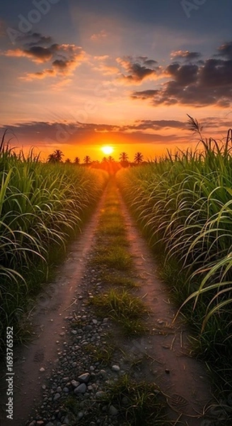 Fototapeta "Scenic Sugarcane Field Sunset with Golden Dirt Road and Lush Green Crops"sunset on the beach, Vibrant sugarcane field at sunset, with rich green stalks lining dirt road leading towards setting sun. 
