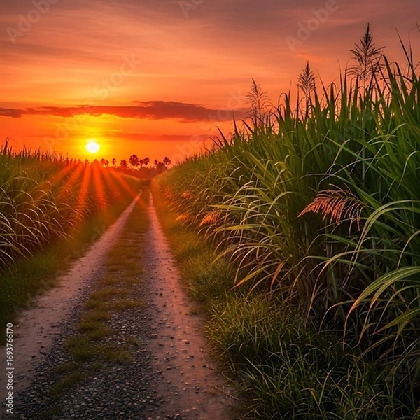 Fototapeta "Scenic Sugarcane Field Sunset with Golden Dirt Road and Lush Green Crops"sunset on the beach, Vibrant sugarcane field at sunset, with rich green stalks lining dirt road leading towards setting sun. 
