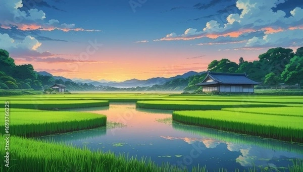 Fototapeta The beautiful and aesthetic scenery of Japanese rice fields