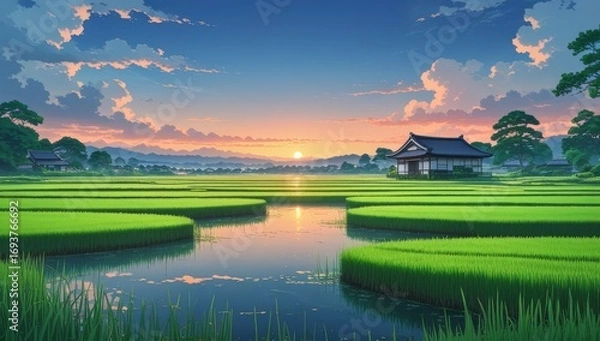 Fototapeta The beautiful and aesthetic scenery of Japanese rice fields