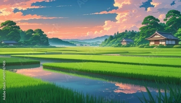 Fototapeta The beautiful and aesthetic scenery of Japanese rice fields