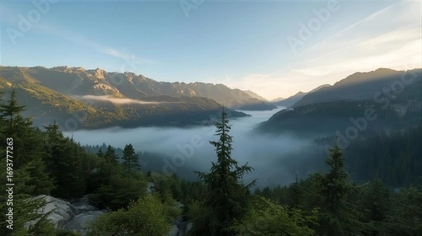 Fototapeta Golden hour light illuminates the fog-filled valley and majestic mountain peaks in a serene wilderness landscape