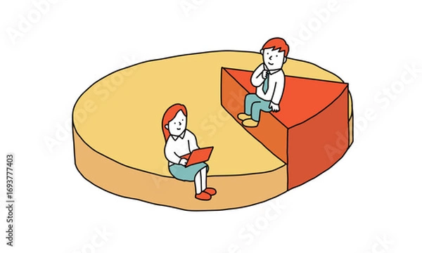 Obraz 円グラフの上に座って、それぞれの割合について考える二人のイラスト